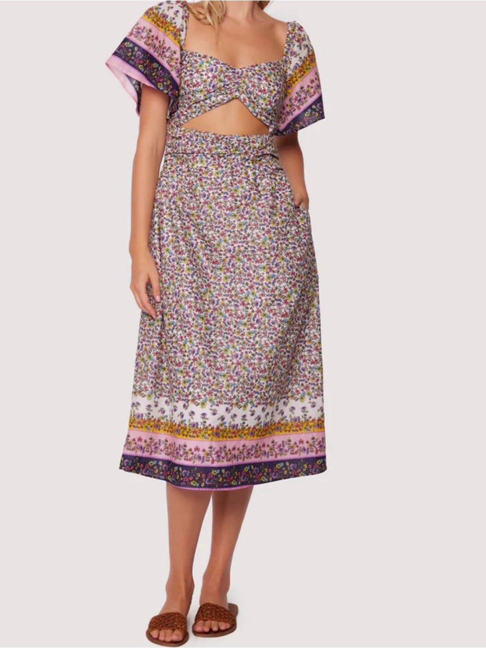 Lost + Wander Lakeside Cottage Midi Dress in Pink, Purple, Yellow, Blue, White